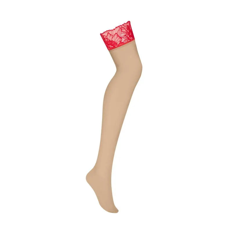 Bas jarretelles nude avec dentelle rouge Matildea, design sexy et extensible, contraste élégant pour silhouette glamour.