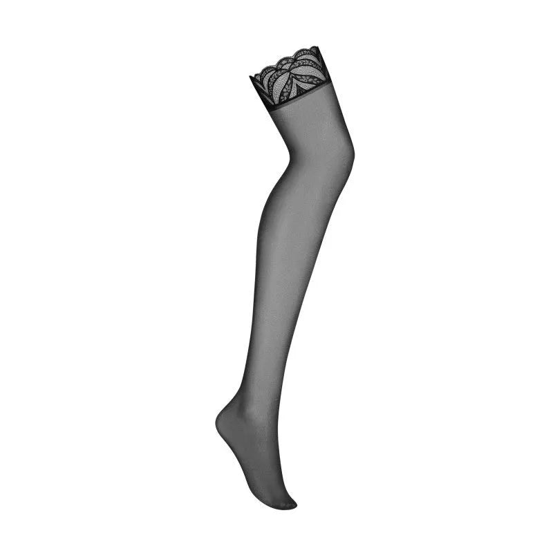Bas noirs extensibles avec dentelle géométrique florale, élégance et confort pour sublimer vos jambes.
