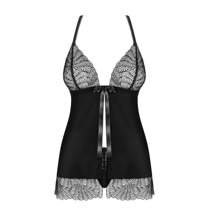 Babydoll Chiccanta noire multistretch avec nœud satin, dentelle délicate, string inclus, élégance et sensualité.