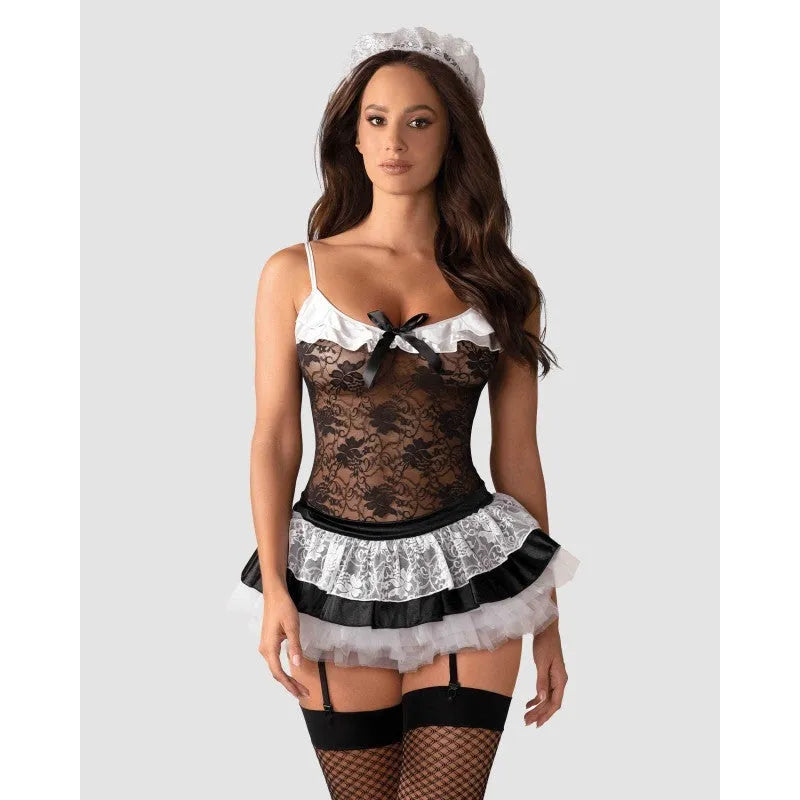 Costume femme de chambre sexy noir blanc corset dentelle jarretelles réglables