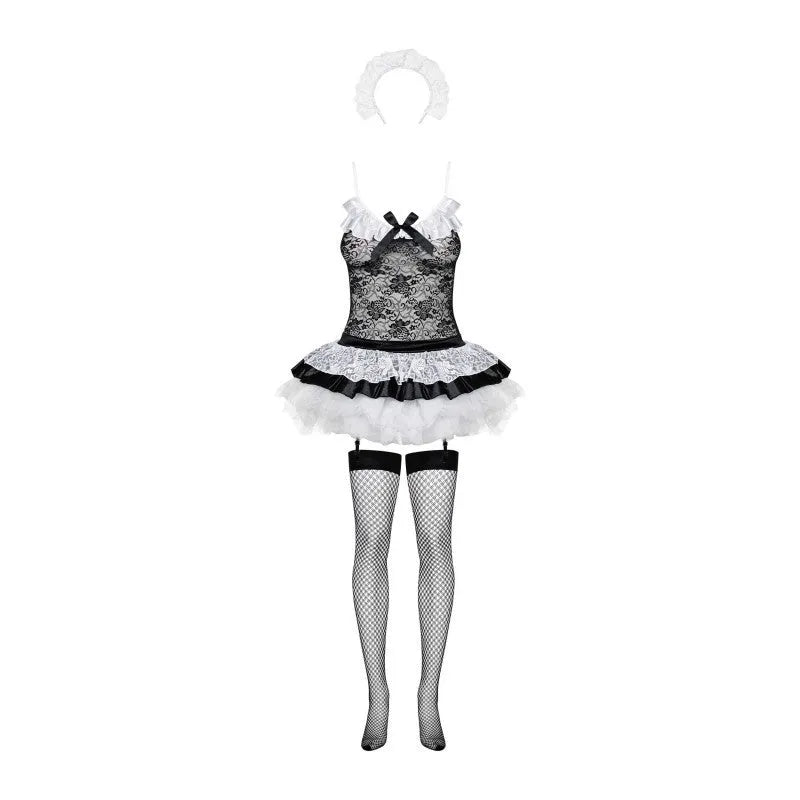Costume femme de chambre sexy noir blanc corset dentelle jarretelles réglables