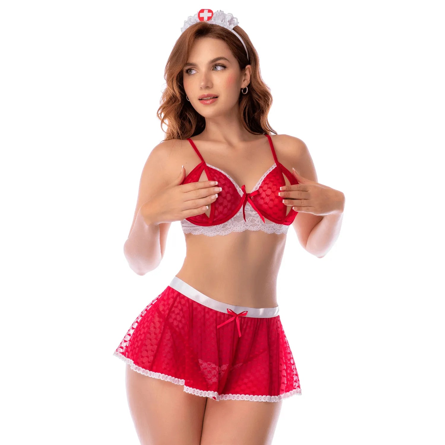 Ensemble lingerie infirmière noir sensuel Mapalé dentelle satin mini-jupe