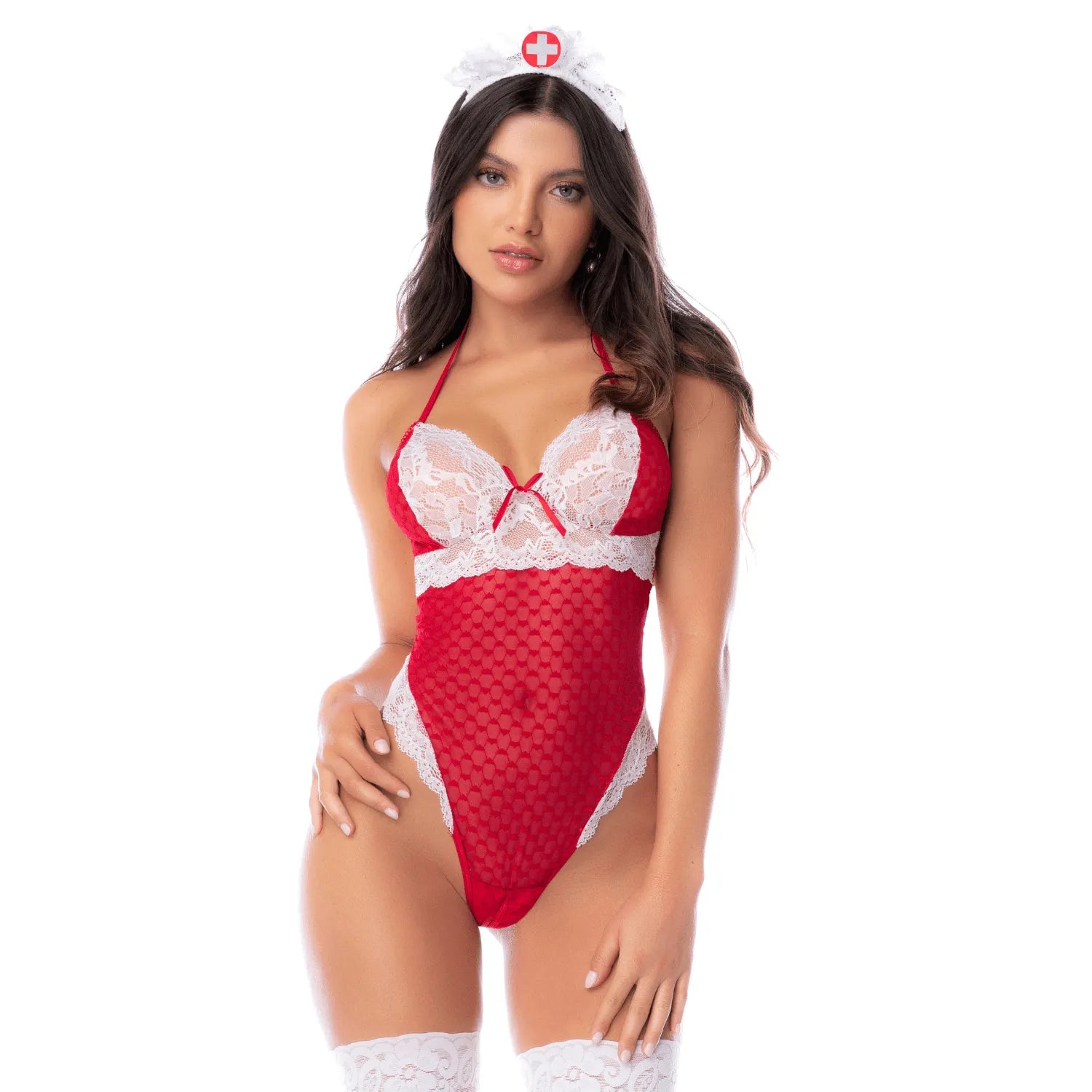 Body infirmière noir maille transparente dentelle ajustée accessoire tête sensuel Mapalé