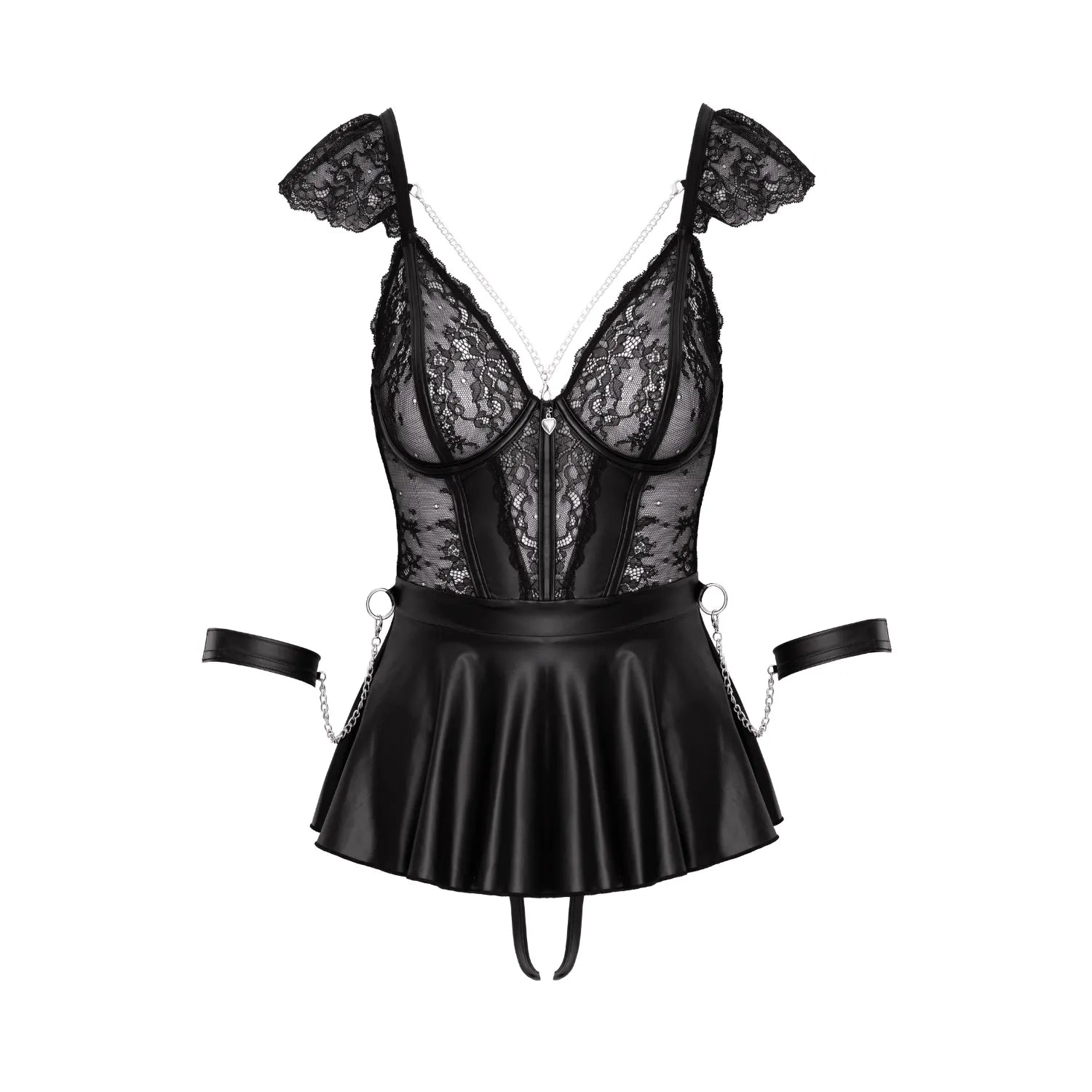 Ensemble lingerie noir 3 pièces en dentelle avec menottes et string ouvert, design bondage élégant et sensuel.