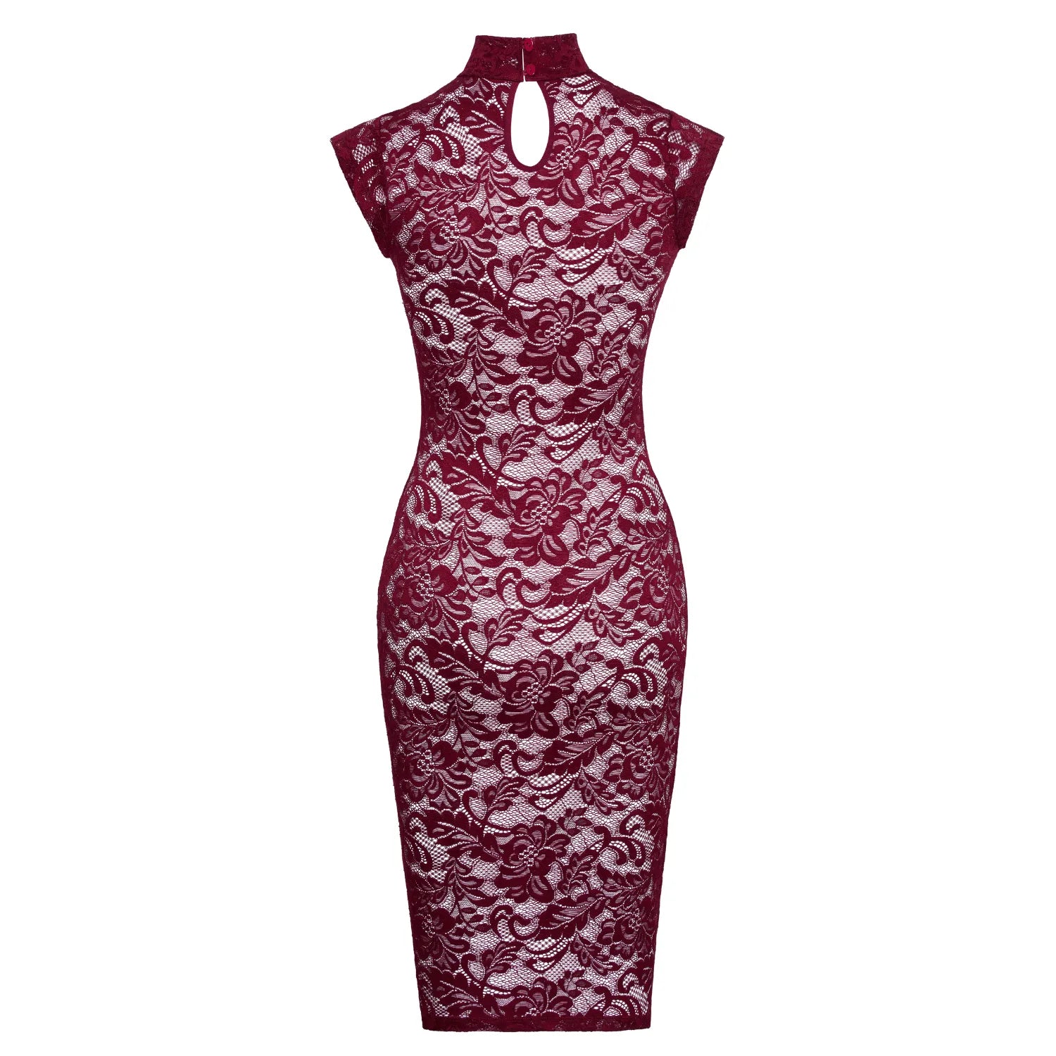 Robe dentelle rouge bordeaux moulante col montant Cottelli élégant sensuel