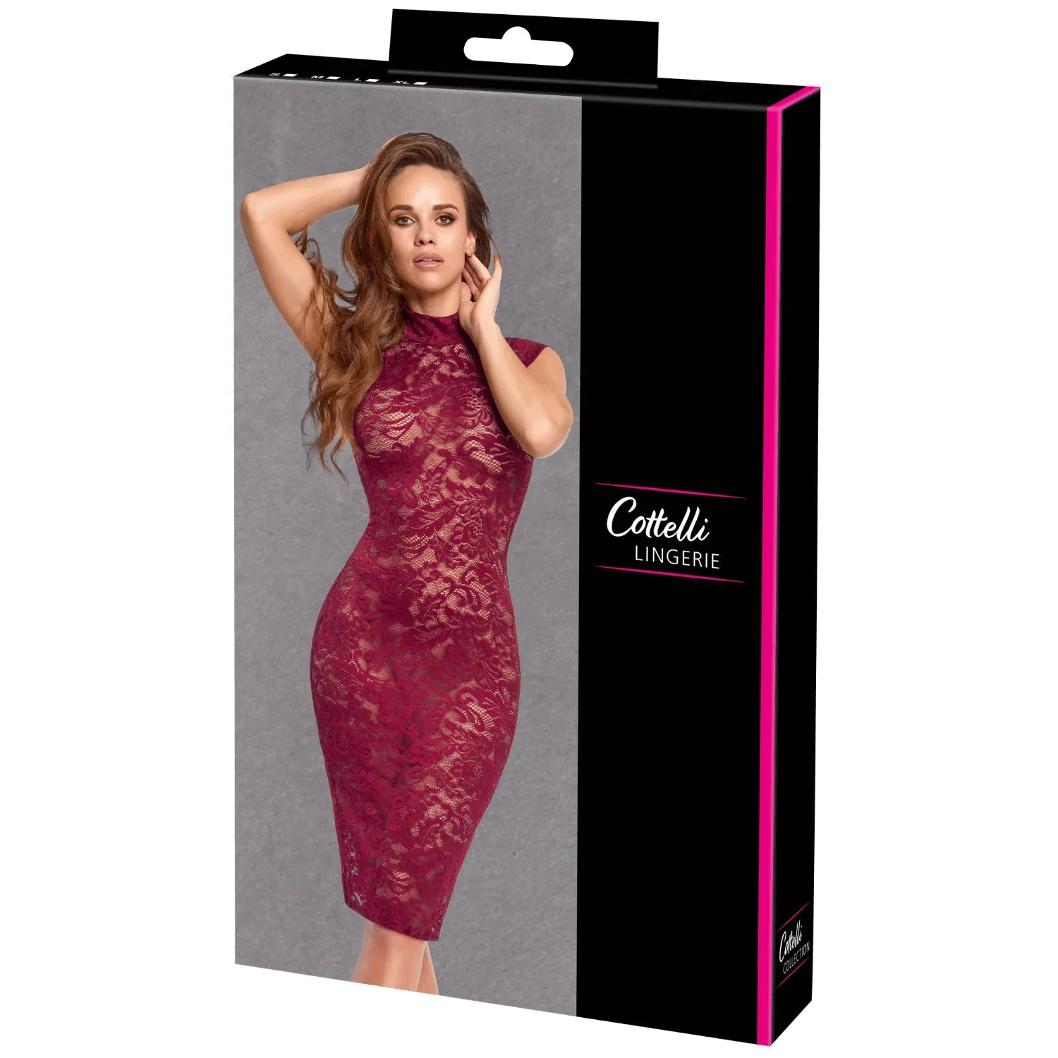 Robe dentelle rouge bordeaux moulante col montant Cottelli élégant sensuel