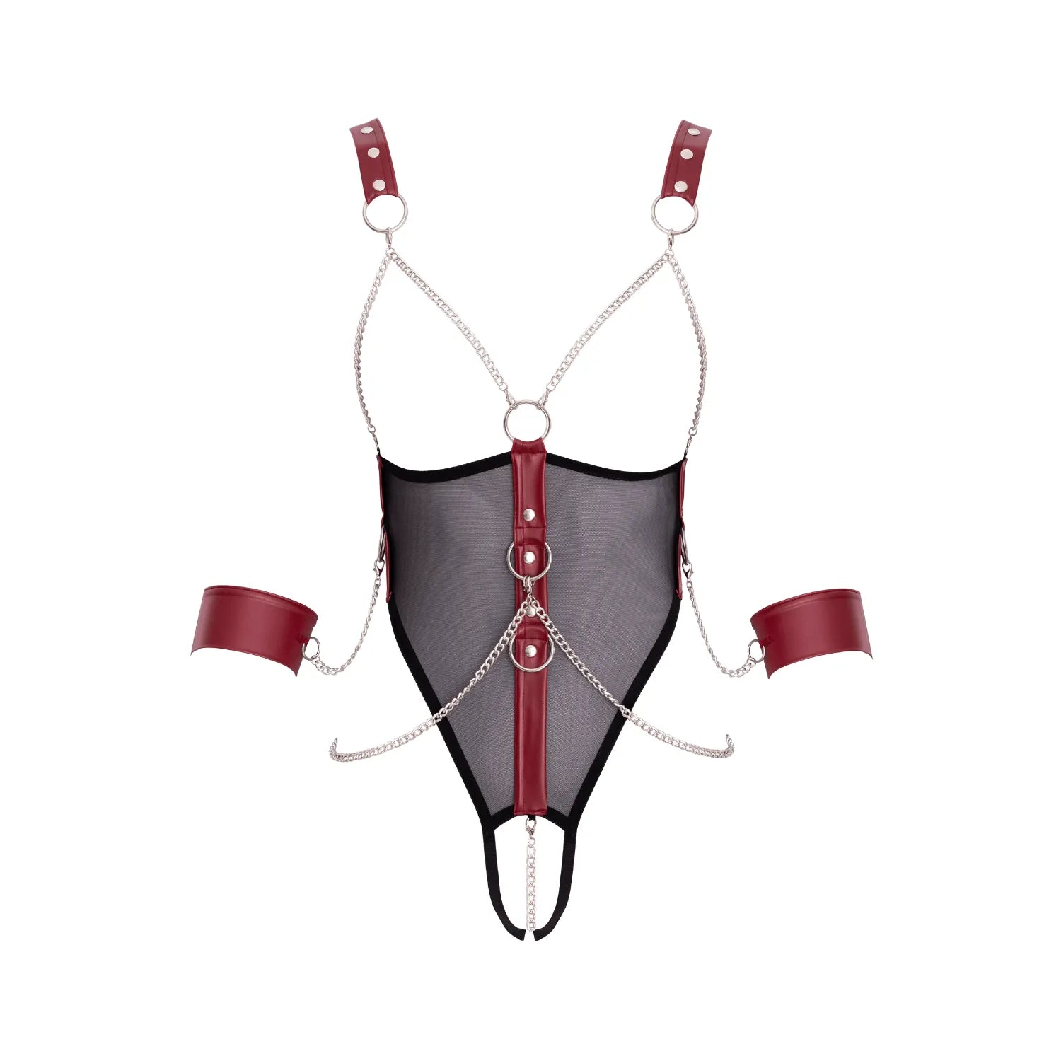 Body bondage noir en powernet avec chaînes, anneaux et menottes, design sensuel Cottelli BONDAGE pour moments intimes.