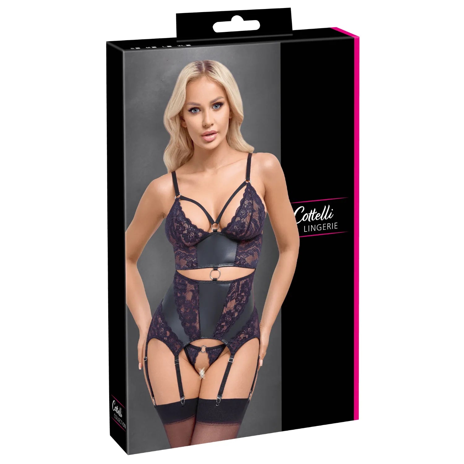 Ensemble lingerie noir dentelle violet, guêpière porte-jarretelles et string ouvert, élégant et sensuel.