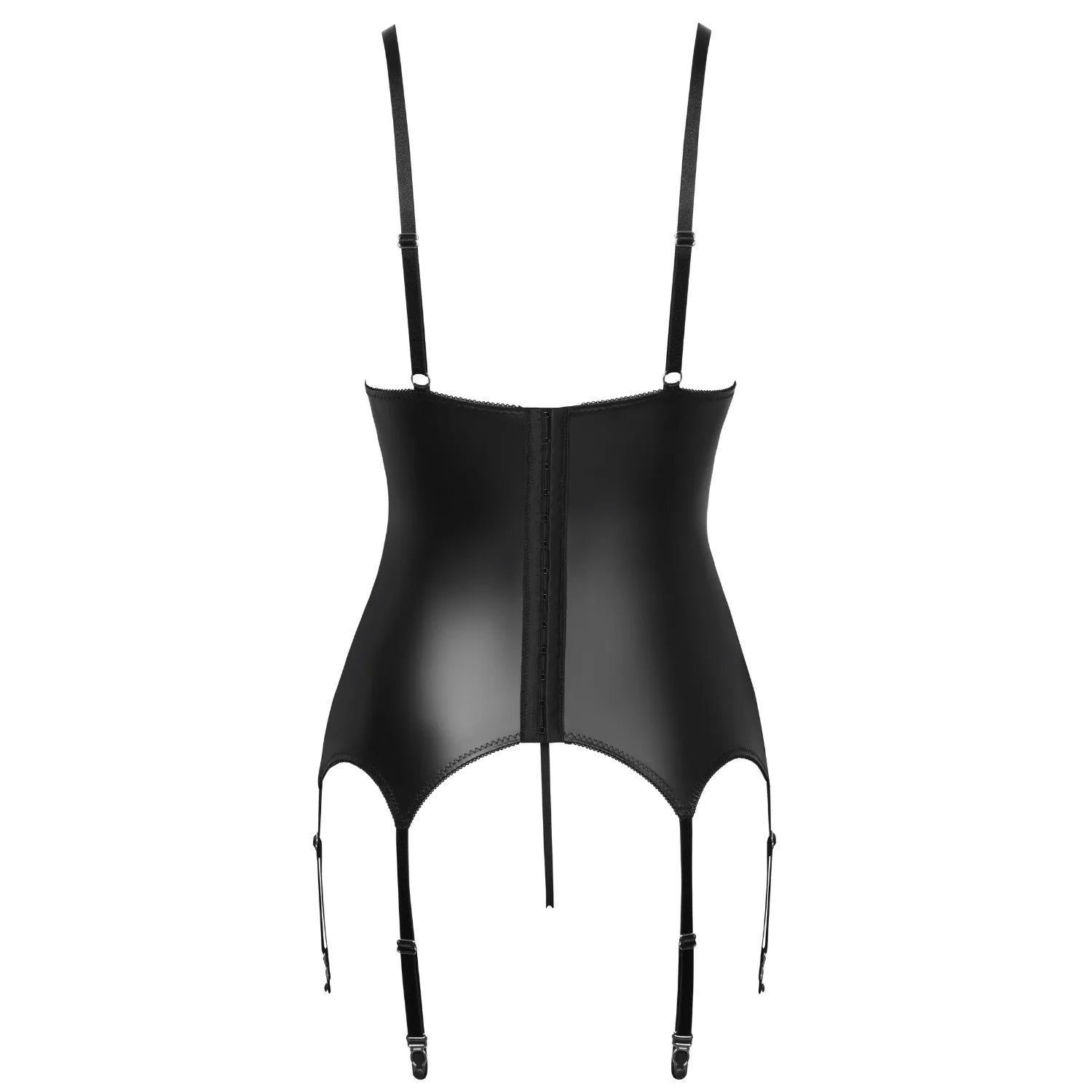 Ensemble lingerie noir avec dentelle violette, guêpière porte-jarretelles et string ouvert, élégant et sensuel.