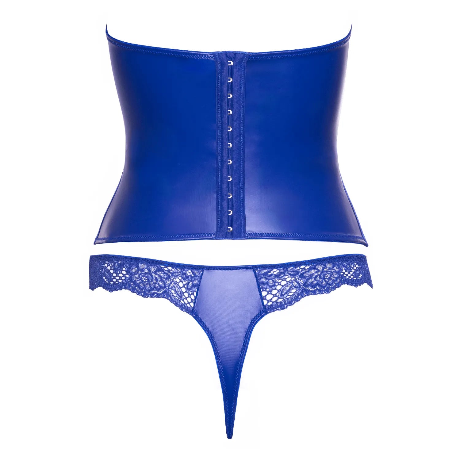 Ensemble lingerie bleu royal wetlook sans bretelles, corset court et dentelle délicate, allure glamour et sensuelle.