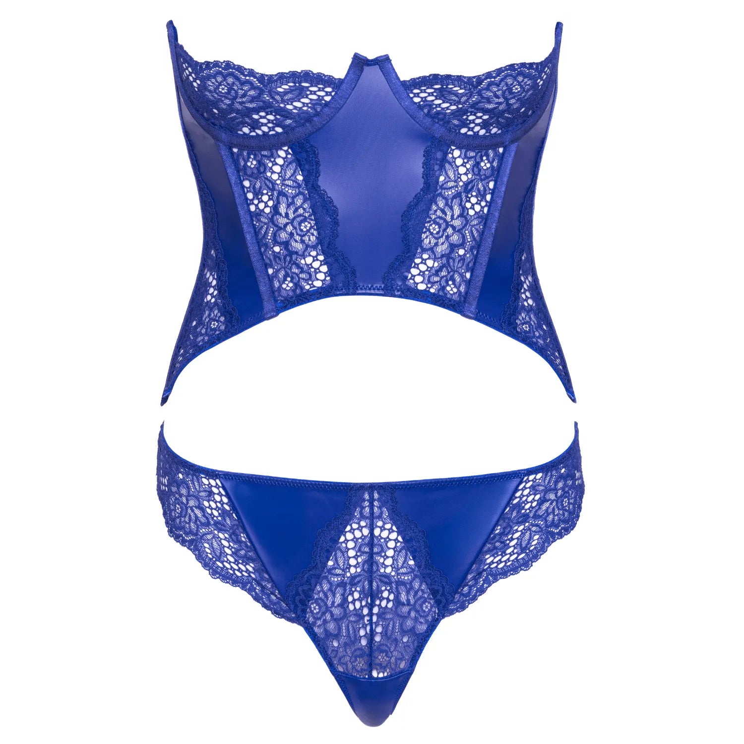 Ensemble lingerie bleu royal sans bretelles, dentelle et wetlook, Cottelli, corset court et culotte assortie.