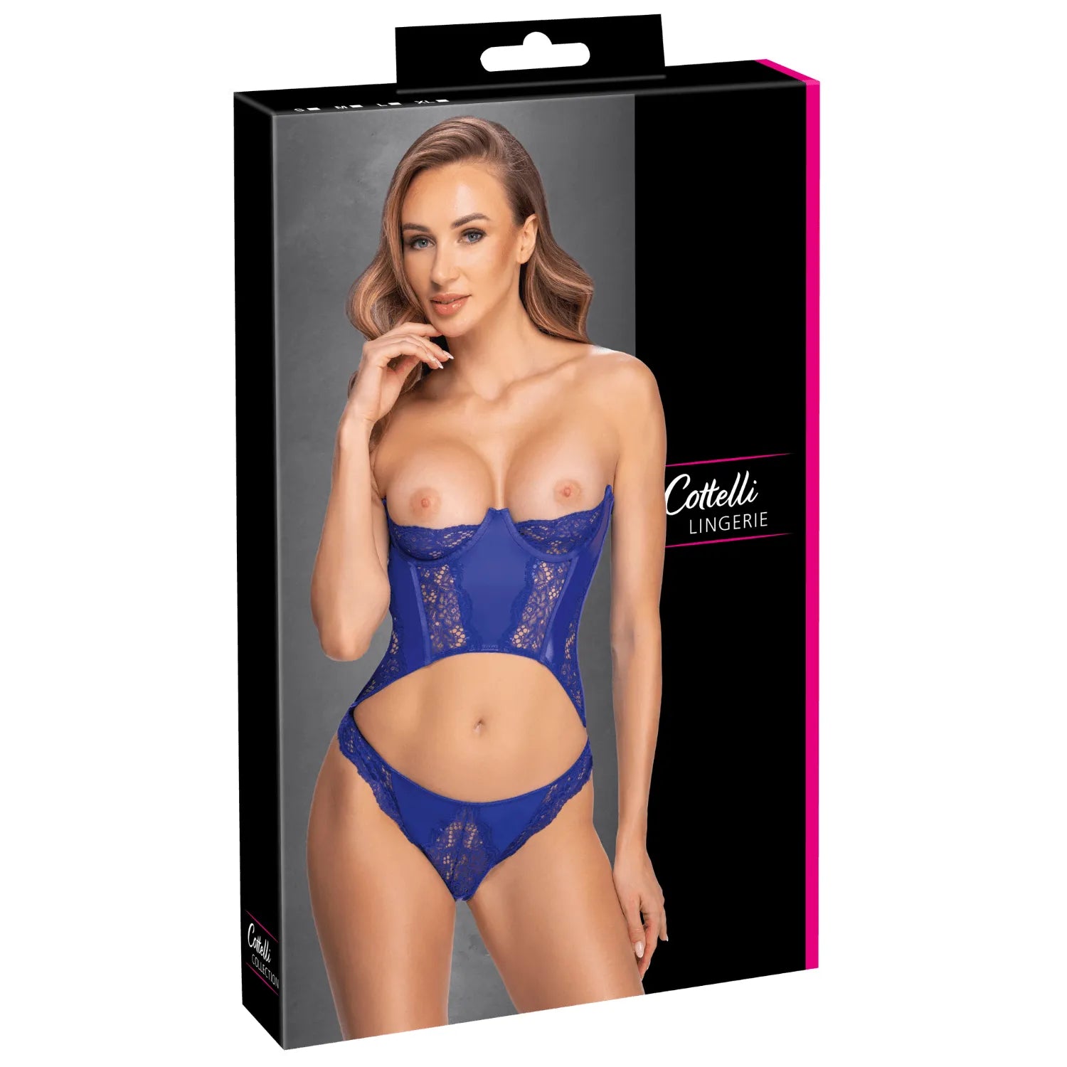 Ensemble lingerie bleu royal wetlook dentelle sans bretelles Cottelli, corset court et culotte, élégant et sensuel.