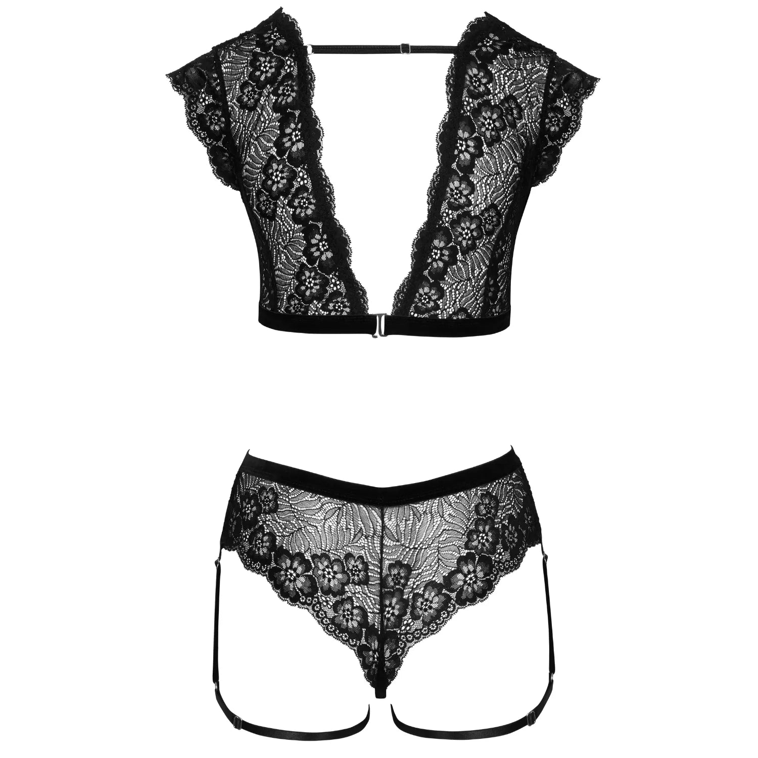 Ensemble lingerie dentelle noire manches courtes, culotte ouverte, design floral élégant, séduction et confort.