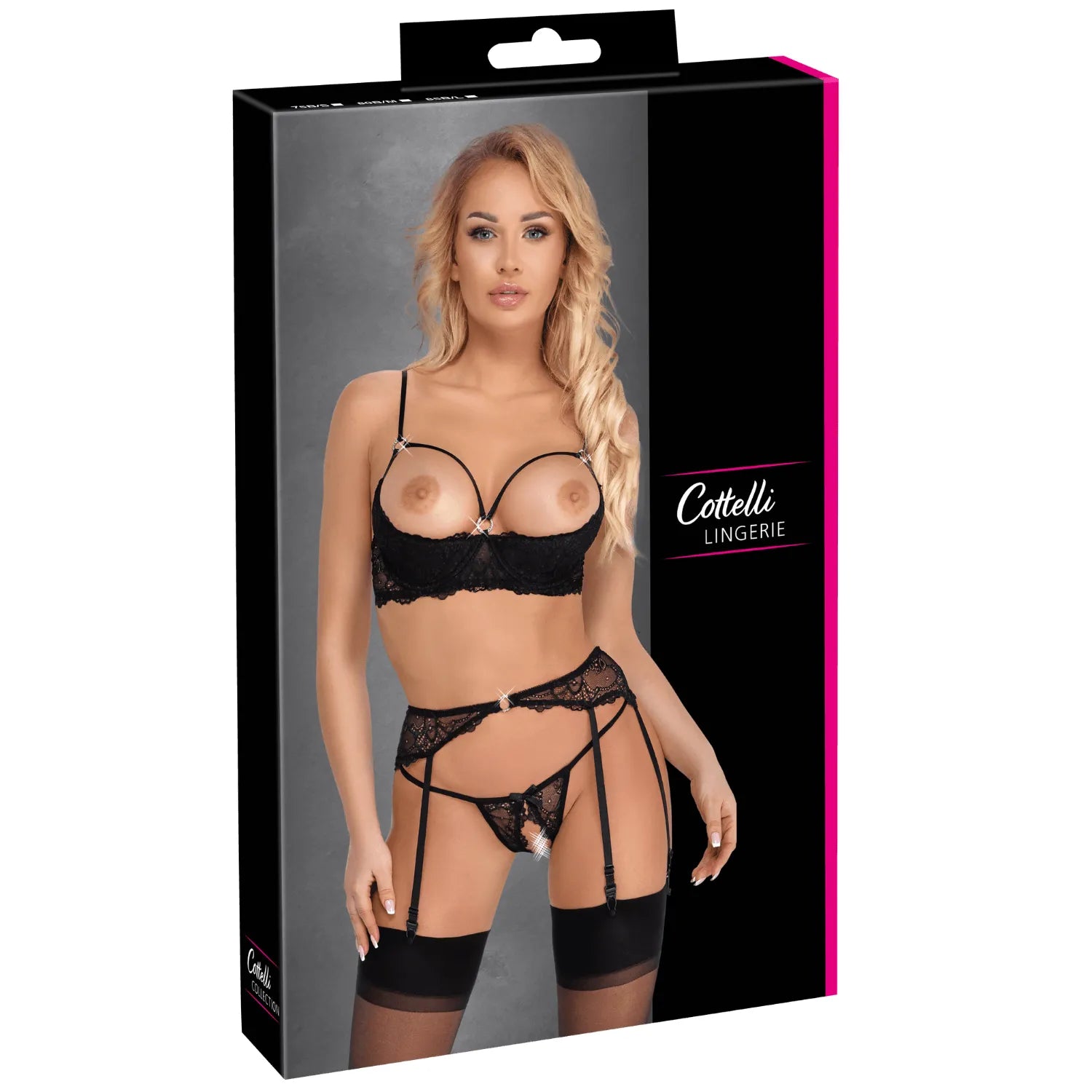 Ensemble lingerie noir en dentelle Cottelli, soutien-gorge balconnet, porte-jarretelles, culotte, élégant et sensuel.