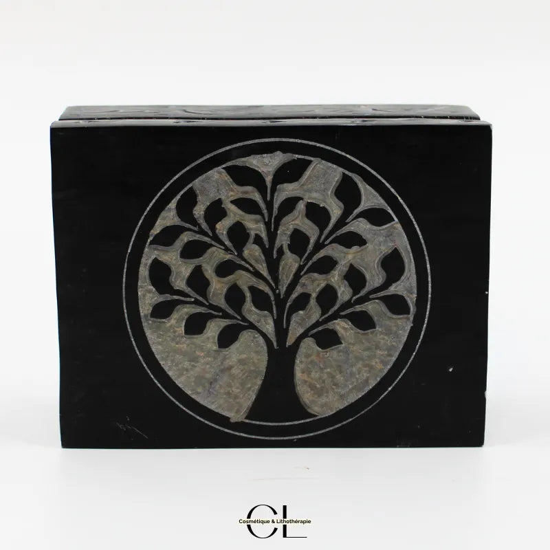 Boîte à bijoux en saponite noire avec motif Arbre de Vie gravé, forme rectangulaire, dimensions 10x8x5 cm.