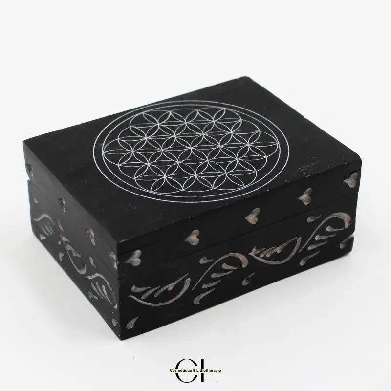 Boîte à bijoux en pierre Saponite rectangle Fleur de Vie 10cm