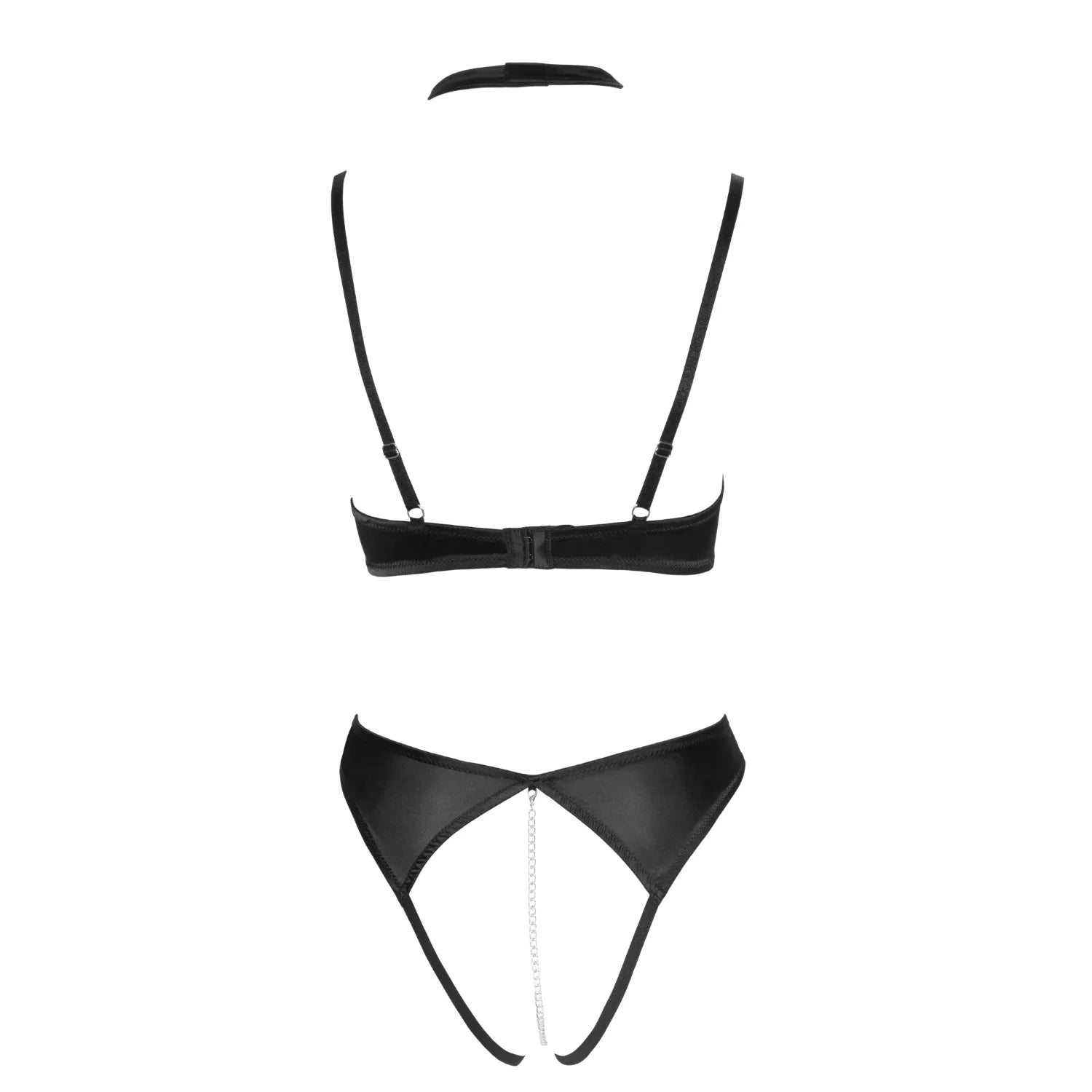 Ensemble lingerie noir balconnet avec broderie florale et chaîne amovible, élégant et sensuel pour sublimer la silhouette.