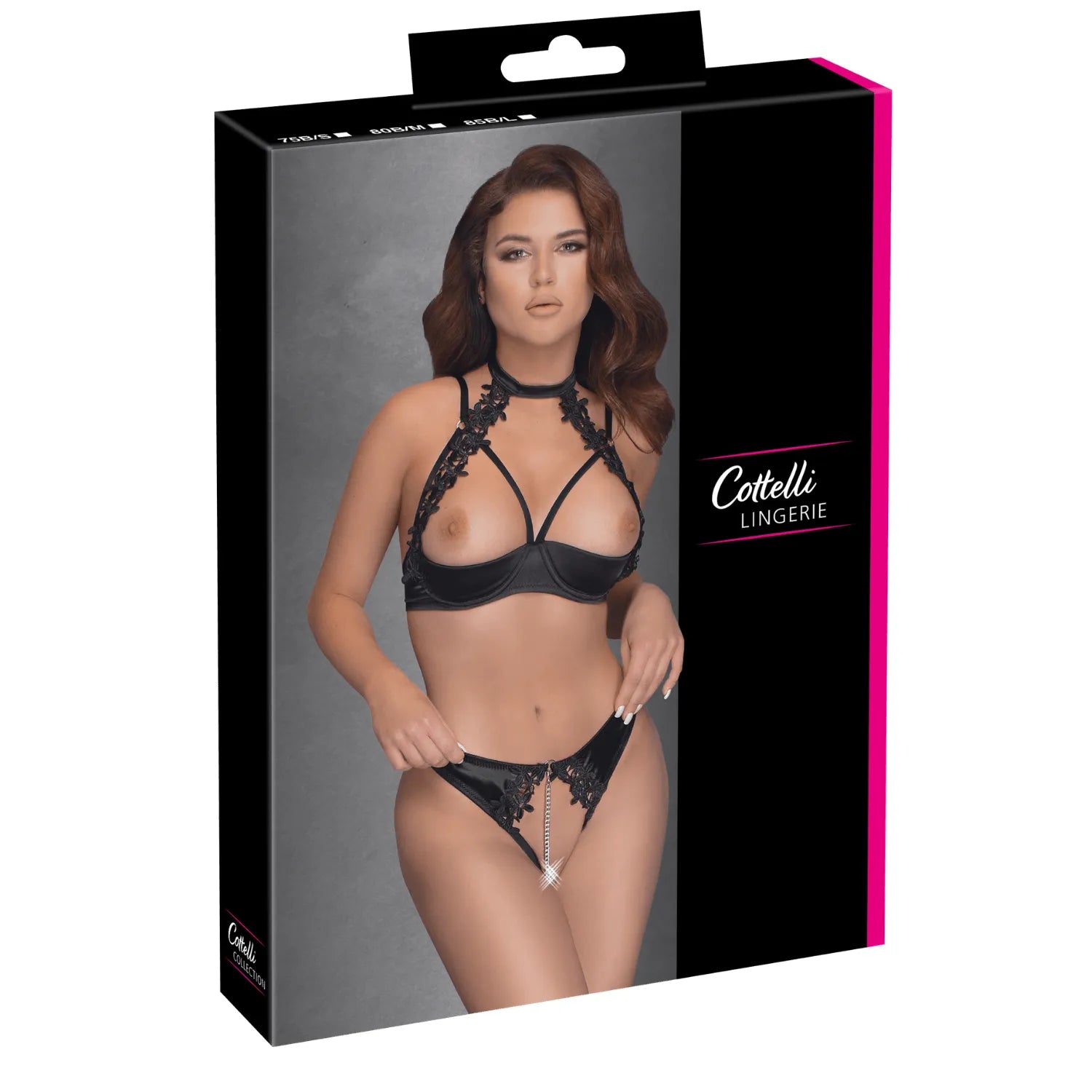 Ensemble lingerie balconnet noir avec broderie florale et chaîne amovible, présenté sur boîte Cottelli LINGERIE.