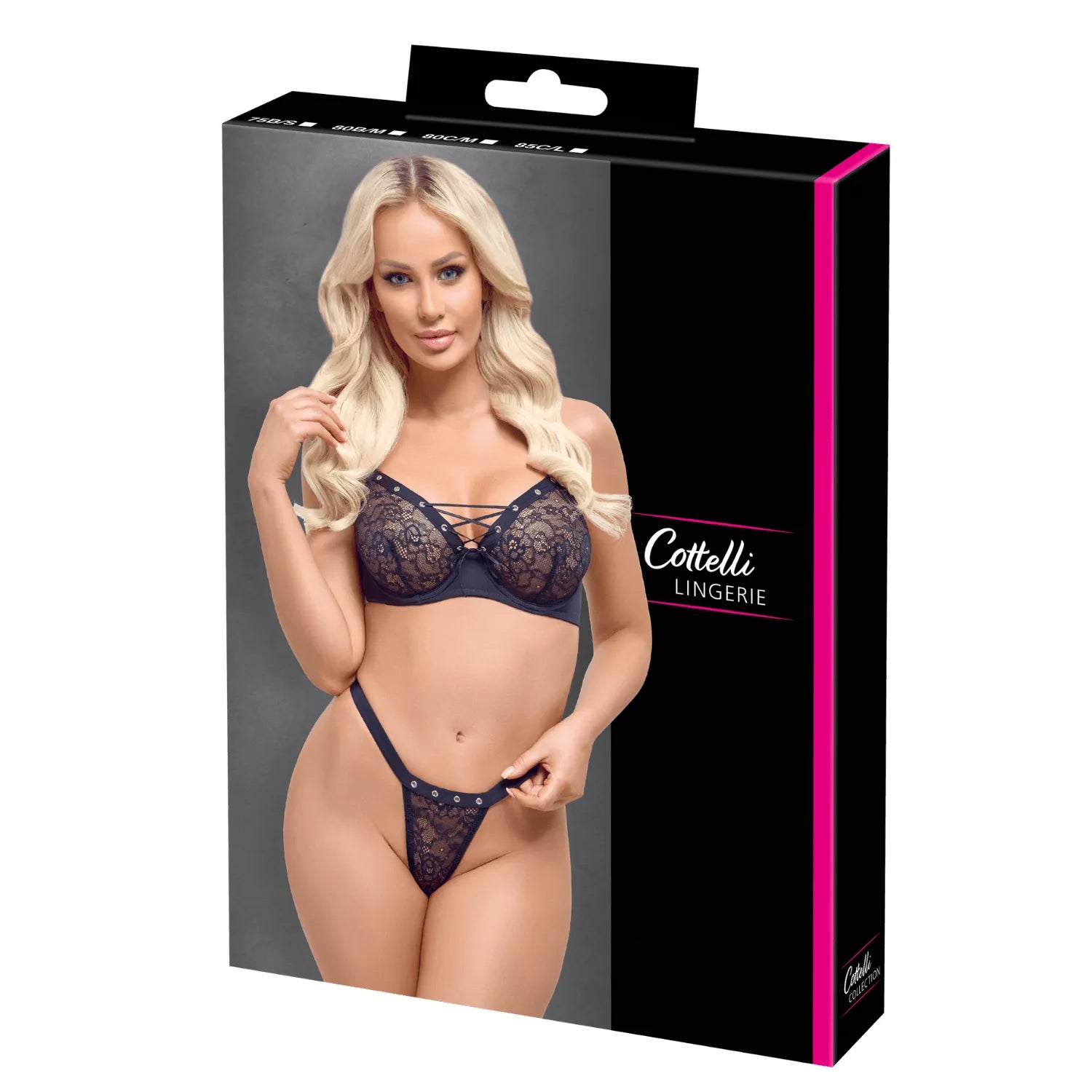 Ensemble lingerie dentelle noire Cottelli, soutien-gorge à armatures et string réglable, sur fond gris.