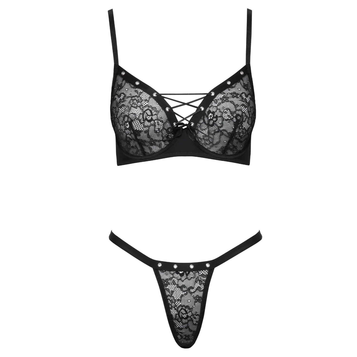 Ensemble lingerie dentelle noire Cottelli, soutien-gorge à armatures et string réglable, détails raffinés et élégants.