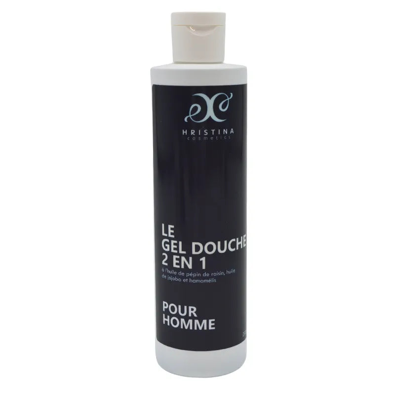 Flacon noir de 250ml de shampoing et gel douche 2 en 1 pour homme, avec bouchon blanc et étiquette élégante.