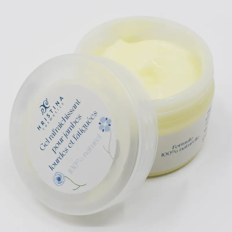 Gel cryothérapie naturel 100ml, pot transparent, étiquette bleue, arnica et menthe poivrée, soulagement jambes lourdes.