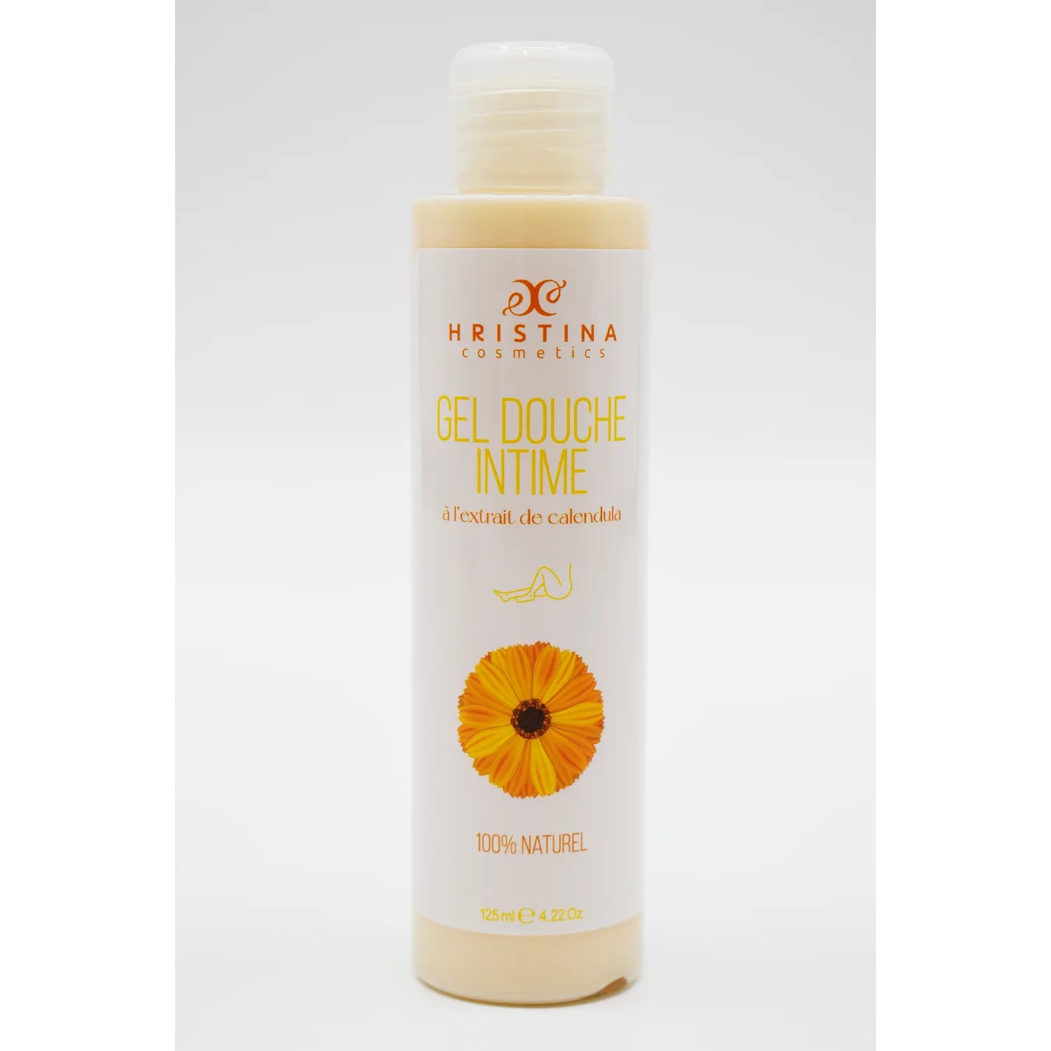 Flacon de gel douche intime naturel au calendula, 125ml, couleur crème, étiquette blanche et orange, pH physiologique.