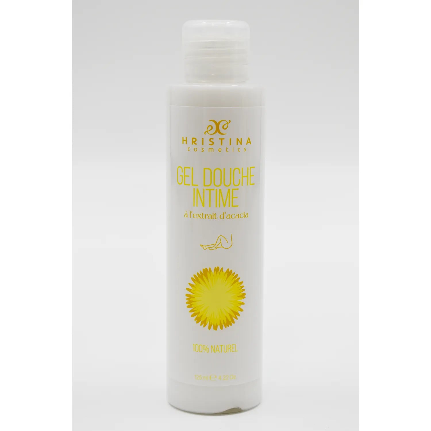 Flacon blanc de gel douche intime naturel à l'acacia pour peaux sensibles, 150ml, avec bouchon blanc et étiquette jaune.