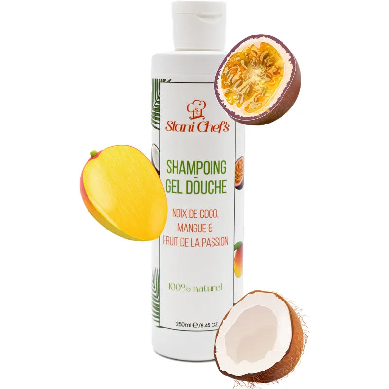 2en 1Gel douche corps et shampoing à la noix de coco, mangue  fruit de la passion - 250ml 100% naturel
