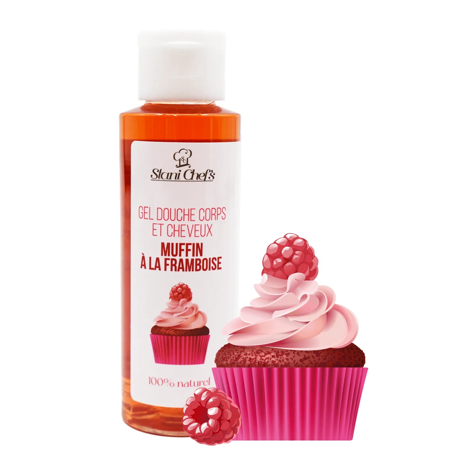 2 en 1 Gel douche corps et shampoing - Muffin à la framboise - 100ml 100% naturel - Format voyage