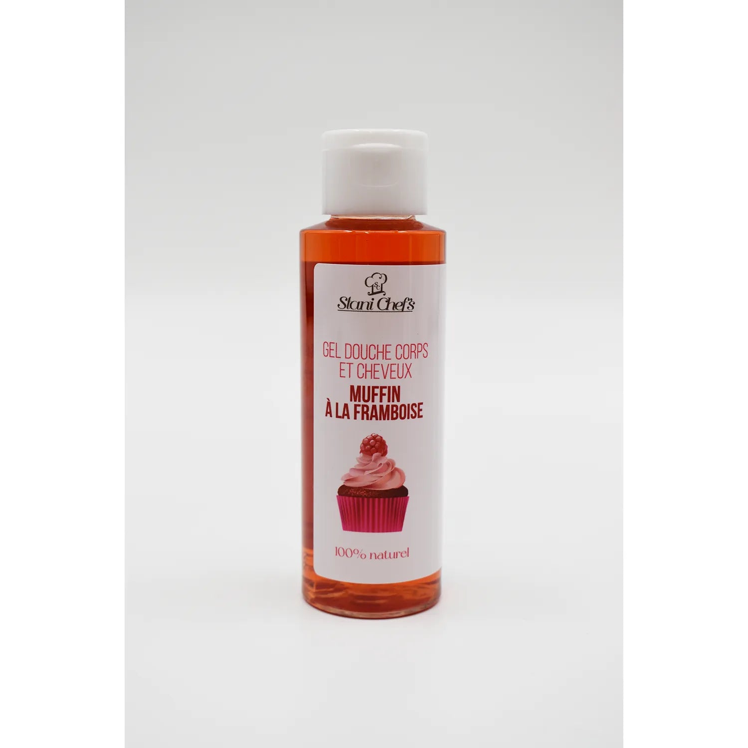 Flacon de gel douche-shampoing 2 en 1, 100ml, couleur rose, parfum muffin framboise, format voyage, 100% naturel.