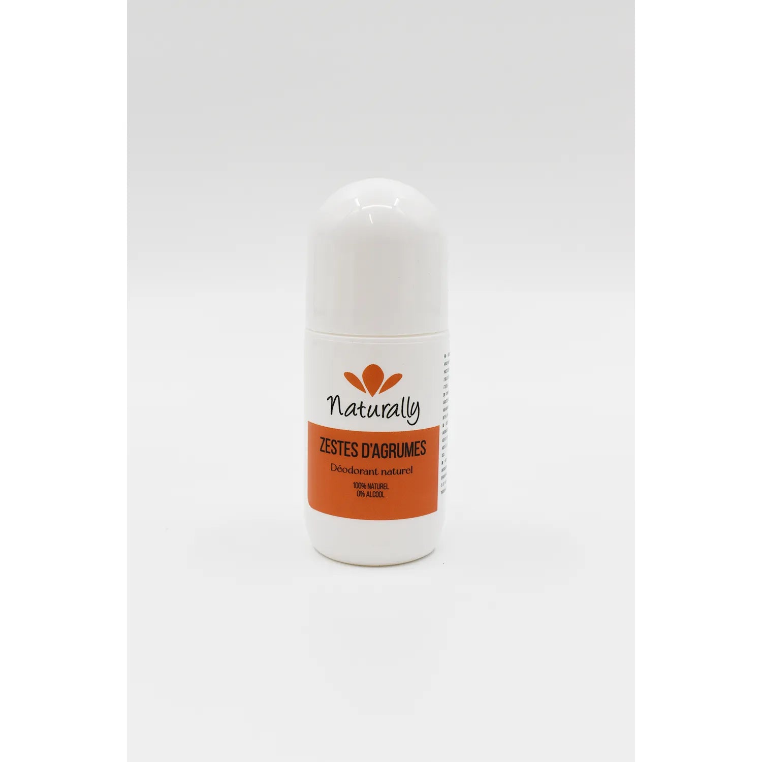 Déodorant roll-on naturel sans aluminium, mandarine pamplemousse, flacon blanc 50ml, peau sensible.