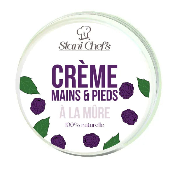 Crème mains pieds mûre, pot rond blanc, motifs mûres, hydratante naturelle, anti-âge, peau souple, vitamines.