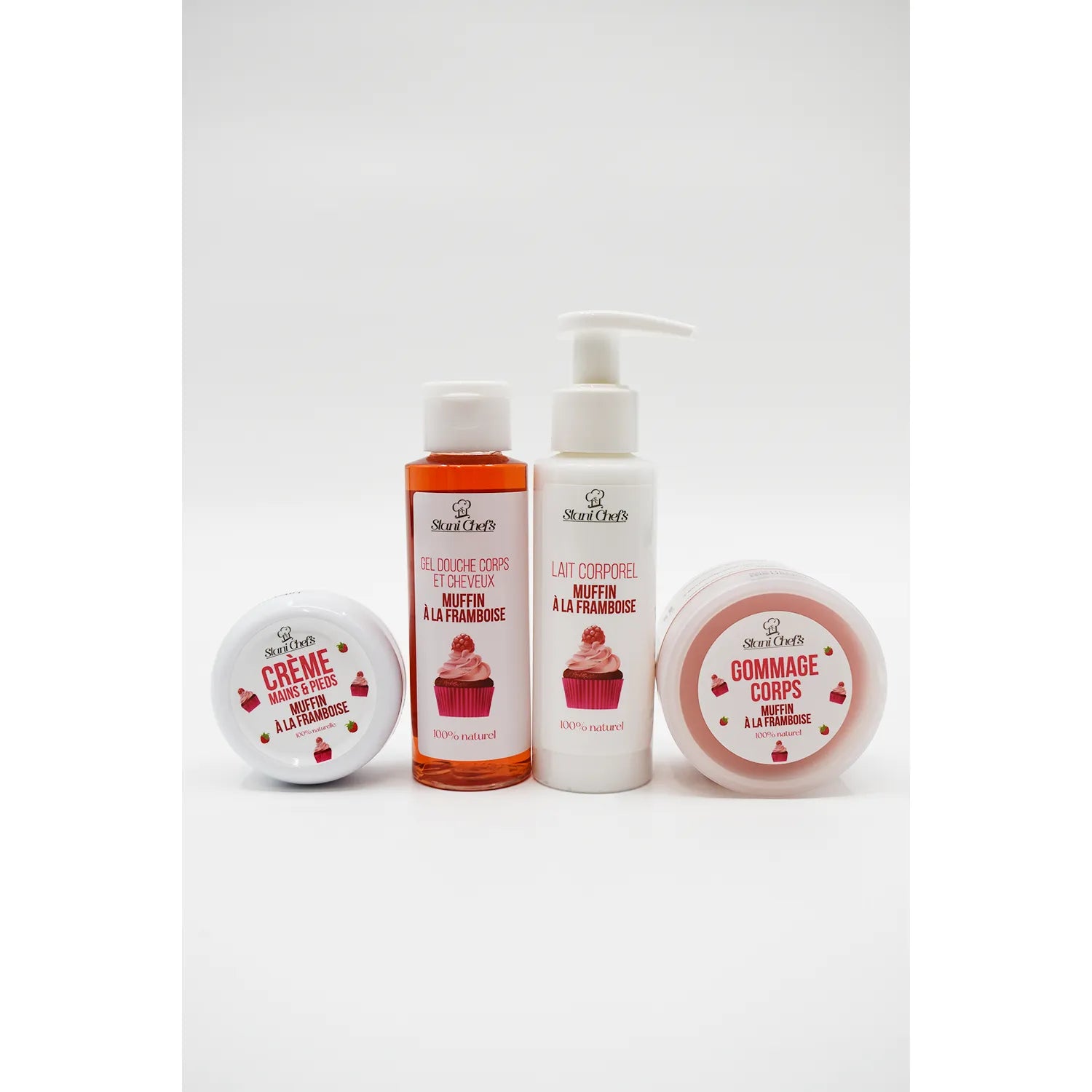 Crème mains pieds hydratante muffin framboise 50ml, pot blanc avec étiquette rose et illustration de muffin.