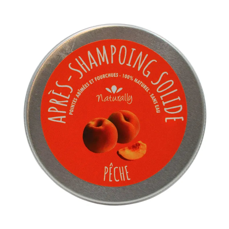 Après-shampoing solide pêche en boîte ronde, couleur orange avec illustrations de pêches, 50g, soin cheveux naturels.