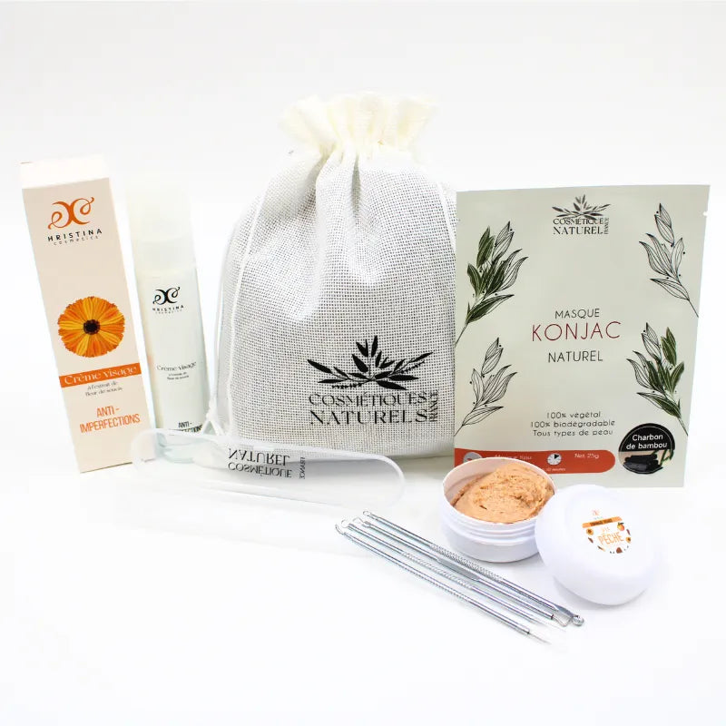 Coffret soin visage anti-imperfections, gommage pêche, masque konjac, accessoires beauté, packaging naturel.