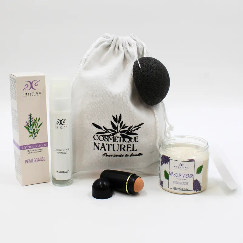 Coffret soin visage peau grasse: masque lilas, crème, éponge noire, sac coton, produits naturels purifiants.