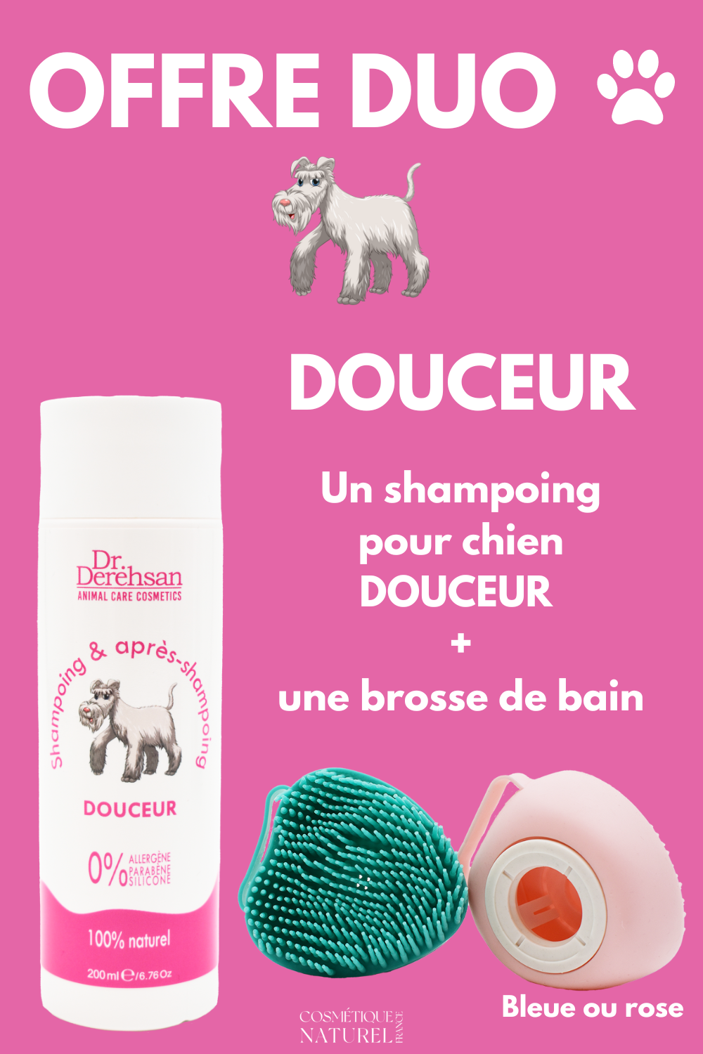 Shampoing pour chien 200ml  brosse de bain - OFFRE DUO - Douceur