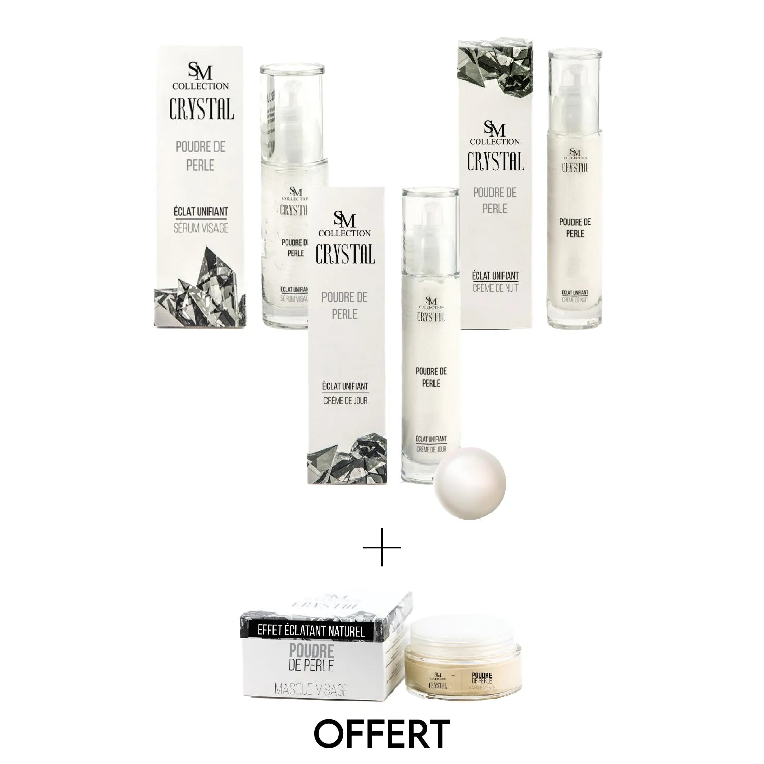 Gamme de soins visage à la poudre de perle, flacons élégants et pot de crème, design épuré et lumineux.