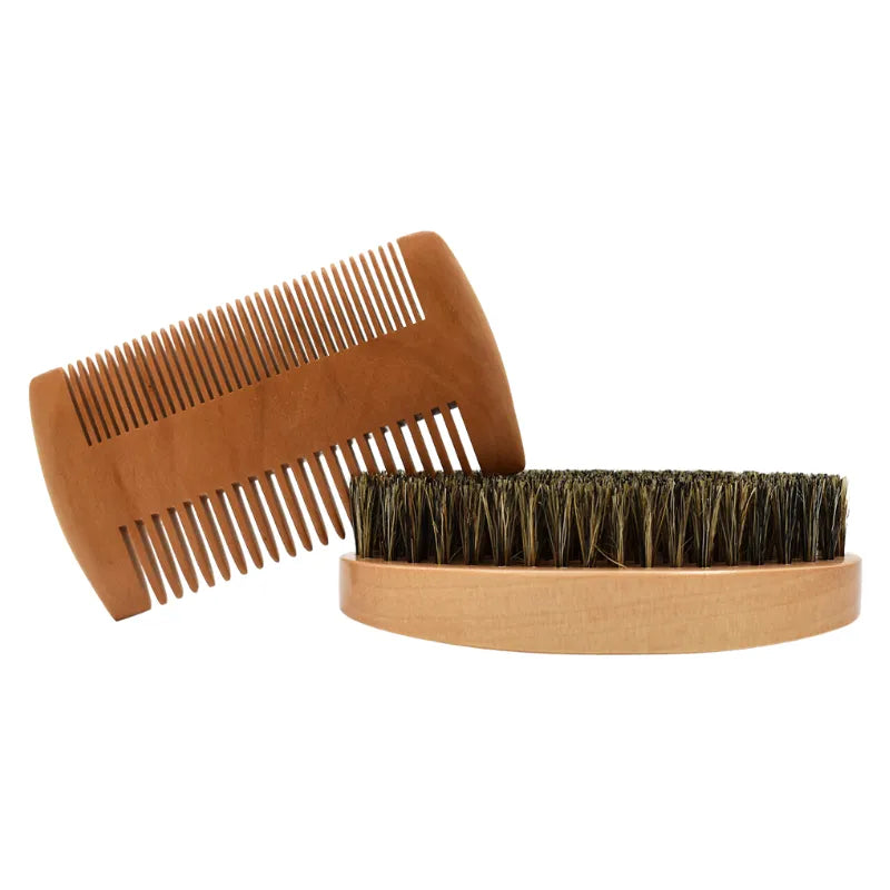 Brosse et peigne en bois synthétique pour barbe et moustache, accessoires de rasage homme, design compact et élégant.