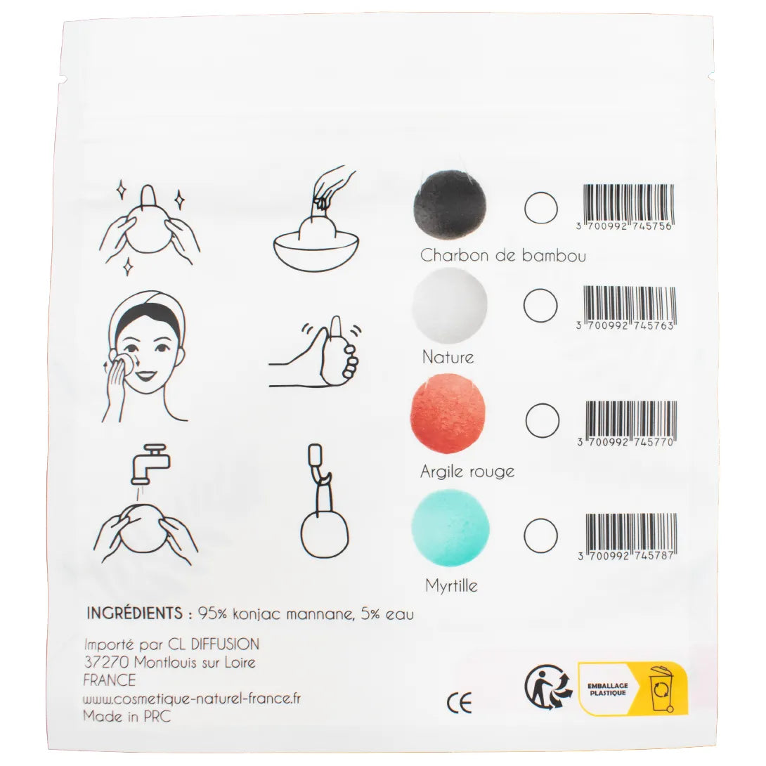 Éponge konjac bleue antioxydante myrtille pour peaux sensibles, exfoliation douce, améliore la microcirculation.