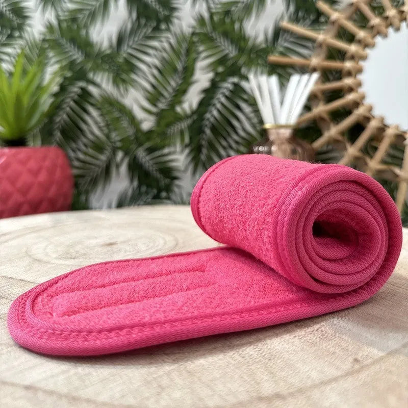 Bandeau rose pour cheveux avec scratch, idéal maquillage et démaquillage, absorbe l'eau, protège les cheveux.