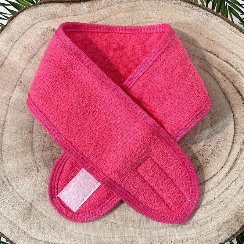 Bandeau rose pour cheveux avec scratch, idéal pour maquillage et démaquillage, protège et absorbe l'eau, taille ajustable.