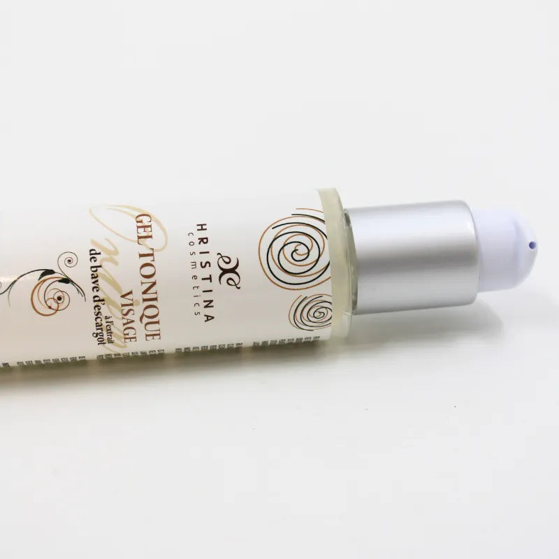 Flacon de gel tonique visage bave d'escargot, design élégant, bouchon argenté, 125ml, soin anti-âge peau mature.