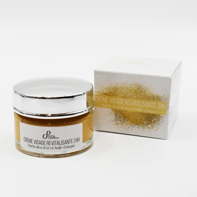 Crème visage 24h or et argan, pot doré et blanc, boîte assortie, soin peau mature, éclat jeunesse.