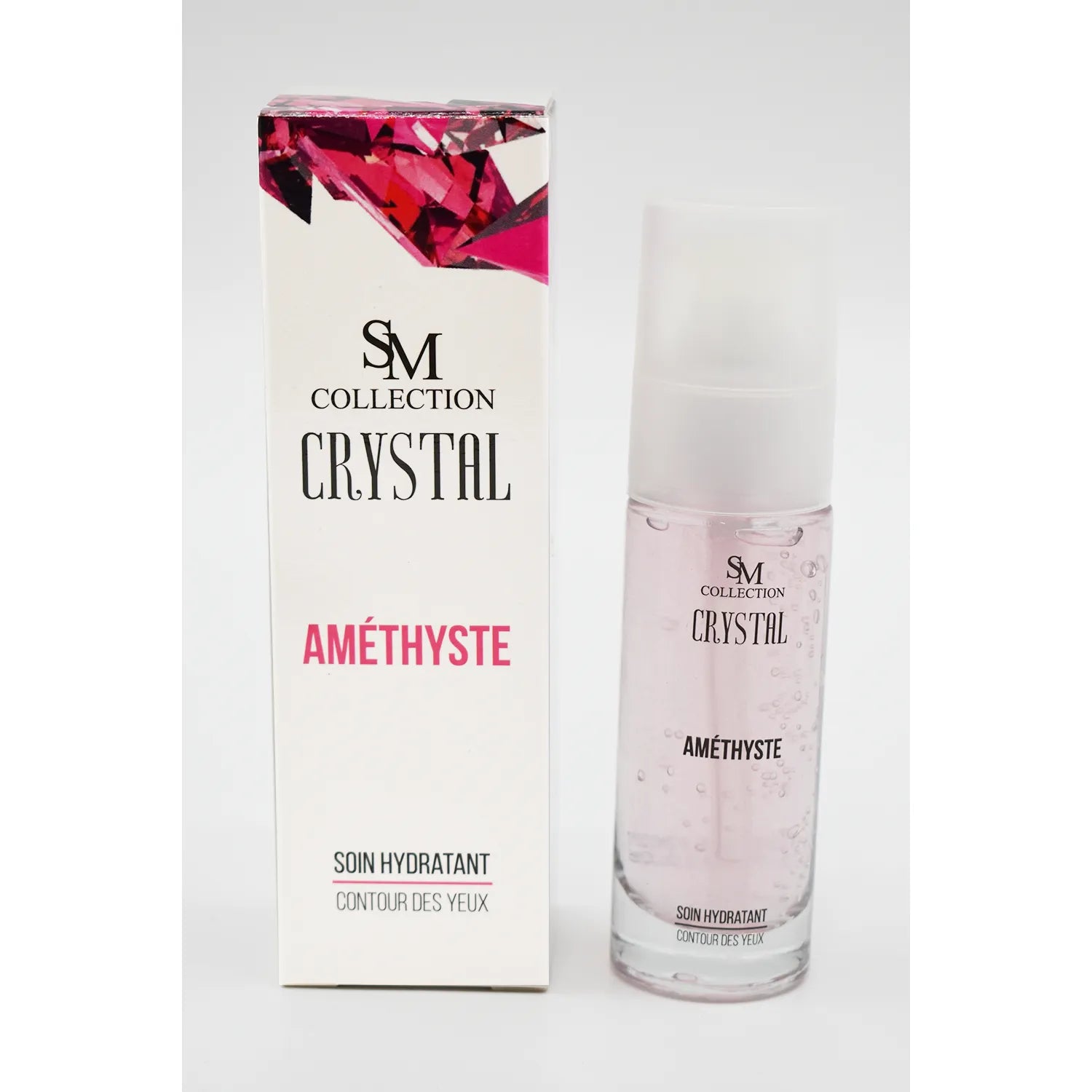 Crème contour yeux améthyste hydratante, flacon transparent 30ml, boîte blanche et rose, soin anti-rides peaux sensibles.