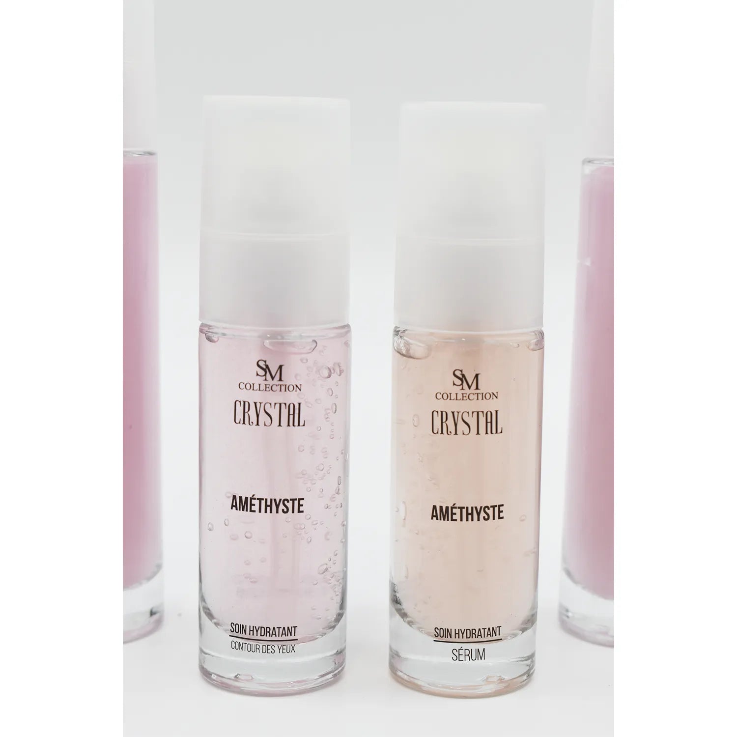 Crème contour yeux améthyste hydratante anti-rides, flacon transparent 30ml, poudre d'améthyste visible.