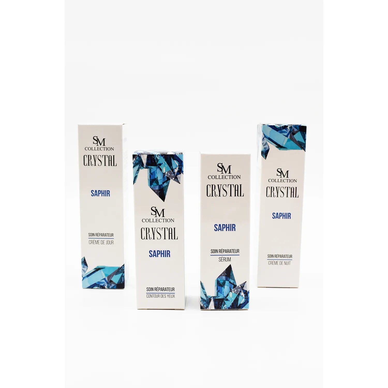 Crème contour yeux naturelle poudre saphir Madagascar, boîte blanche et bleue, soin peau mature, fermeté et vitalité.