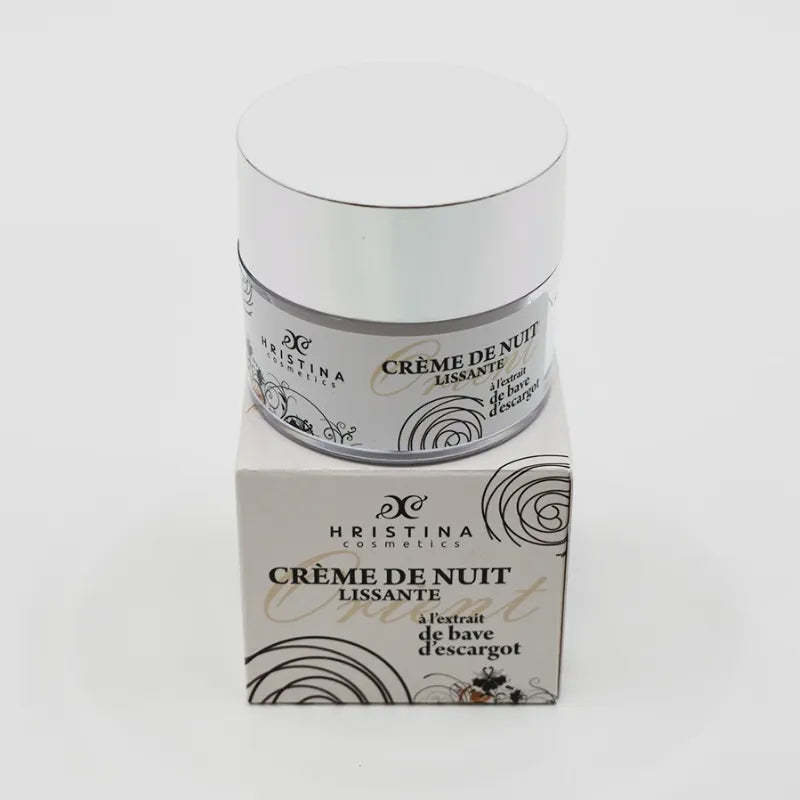 Crème de nuit bave d'escargot, pot blanc et argent, 50ml, hydratante et régénérante, sur boîte assortie.