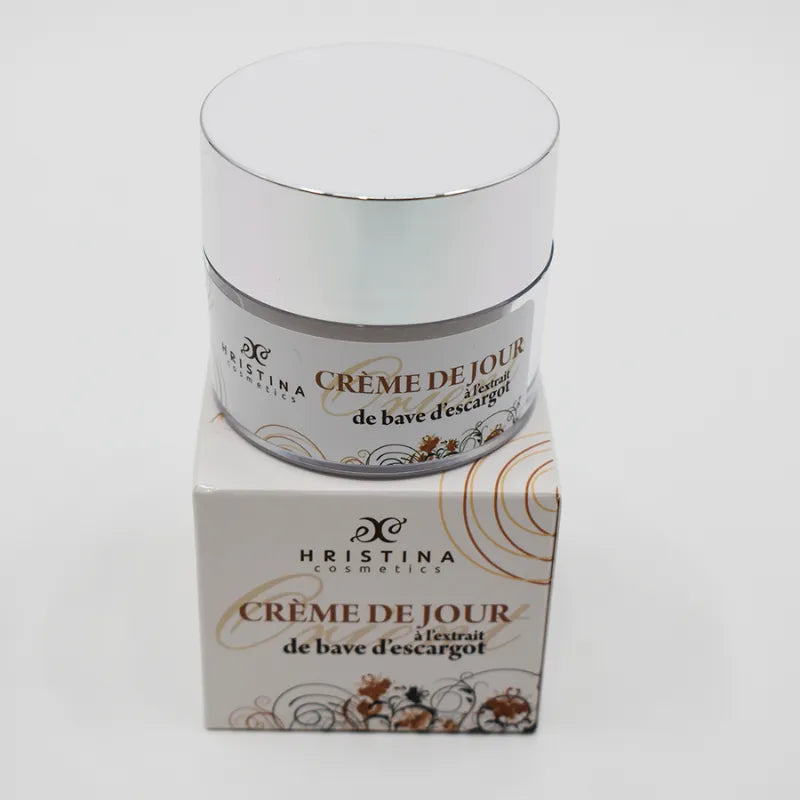 Crème de jour SPF30 bave d'escargot, pot blanc 50ml sur boîte, hydratante et cicatrisante, protection solaire.